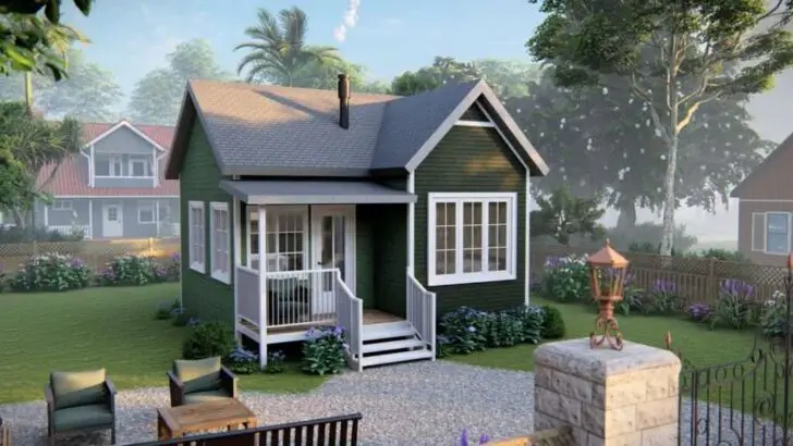 Cozy Tiny House Plan Has A Green Exterior And Measures 6m x 6m