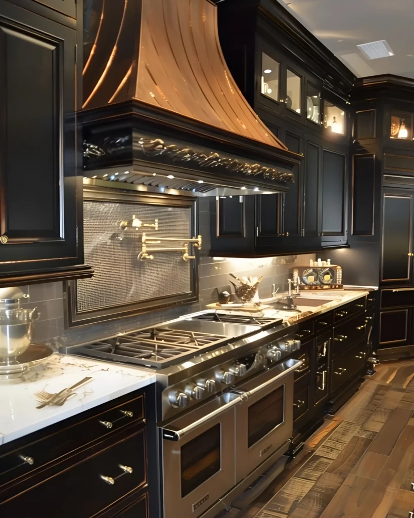 Black and Gold Kitchen with Copper Accents