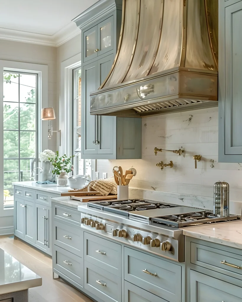 Pastel Blue Kitchen with Polished Brass Accents