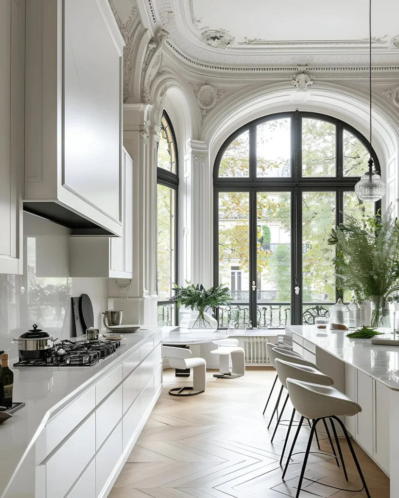 Arched Windows and Ornate Details in a Timeless Kitchen