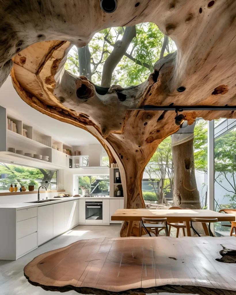 Tree-Integrated Kitchen with Natural Elements