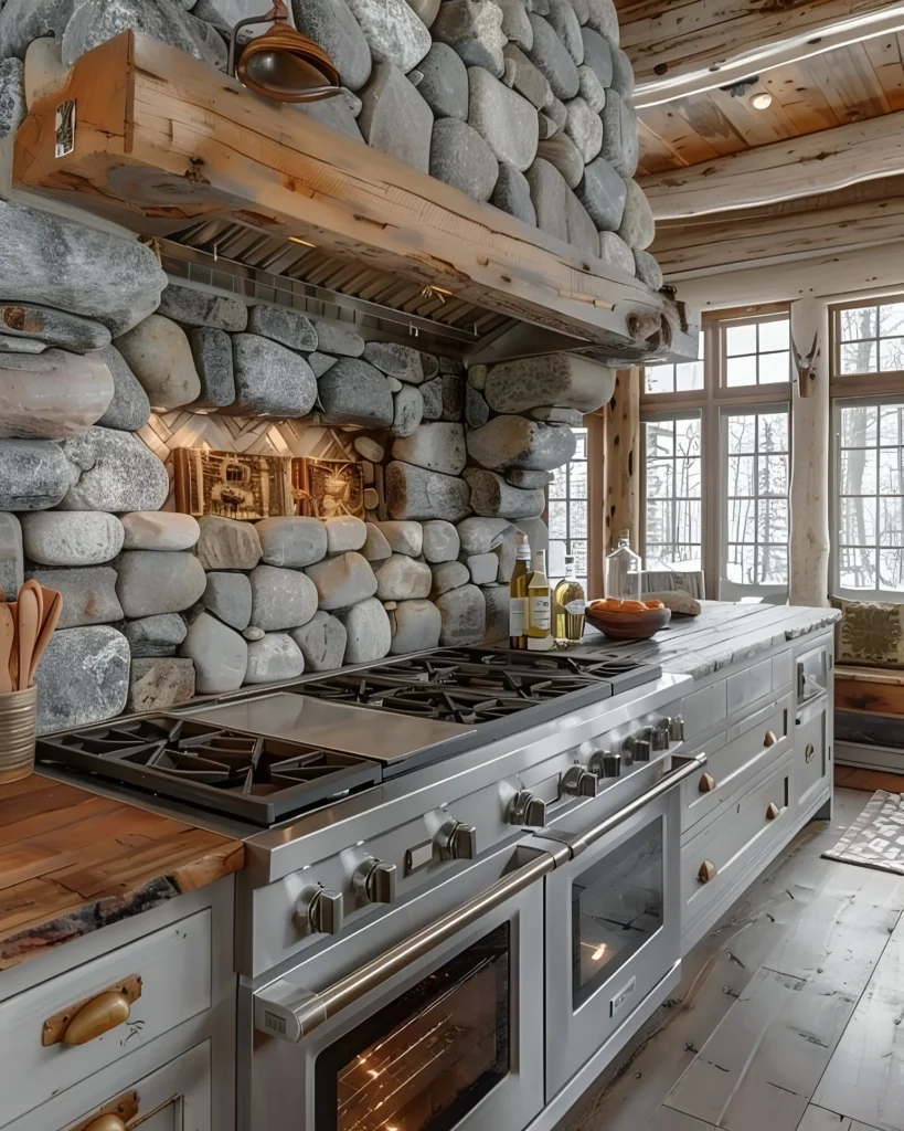 Stone Wall Cabin Kitchen with a Modern Twist