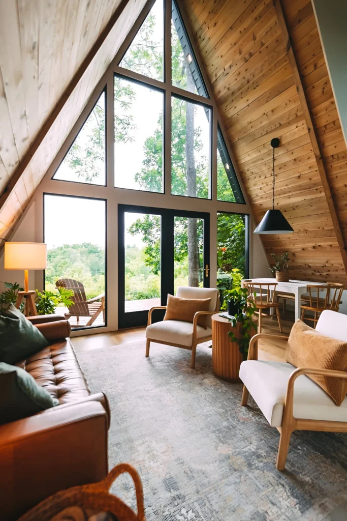 A-frame house interior with floor-to-ceiling windows, warm wood paneling, a leather sofa, neutral-toned chairs, and a dining area featuring wooden chairs and a black pendant light.