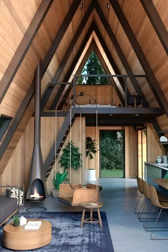 A-frame house interior with a suspended wood-burning fireplace, natural wood paneling, loft area, hanging chair, plush area rug, and lush greenery.