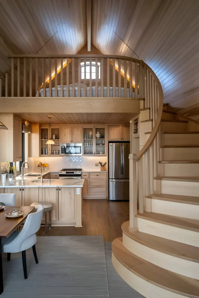 A-frame house interior with a curved staircase, natural wood tones, marble kitchen countertops, glass-front cabinets, and a cozy loft above.