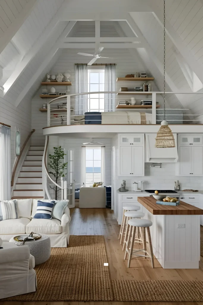 A-frame house interior with coastal decor, a curved staircase, butcher block kitchen island, shaker-style cabinets, and a loft with built-in shelves and ocean views.