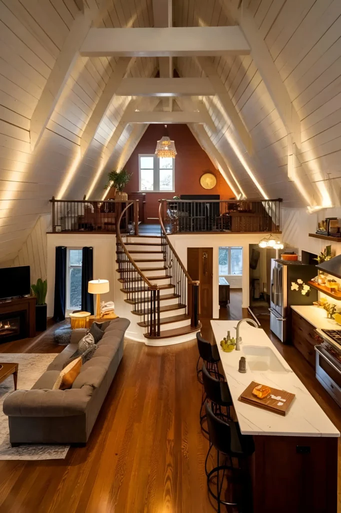 A-frame house interior with a curved wooden staircase, vaulted white ceilings, hardwood floors, a marble-topped kitchen island, and a cozy living area with a fireplace.