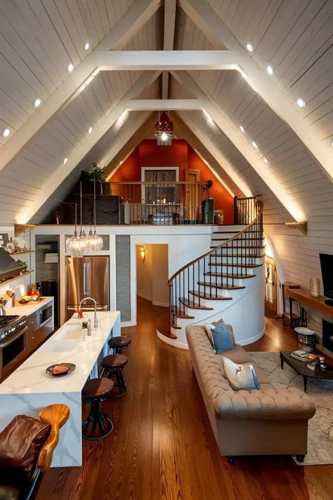 A-frame house interior with a curved staircase, terracotta accent wall in the loft, sleek kitchen island with marble countertops, tufted sofa, and vaulted white ceilings.