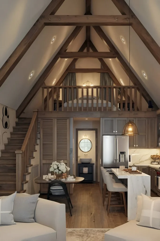 A-frame house interior with exposed wooden beams, a lofted bedroom, marble kitchen countertops, warm wood flooring, and a cozy dining nook.