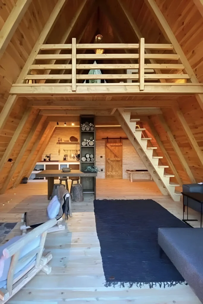 Rustic A-frame house interior with a wooden loft, barn-style sliding door, and open-concept living space featuring natural wood textures and warm lighting.