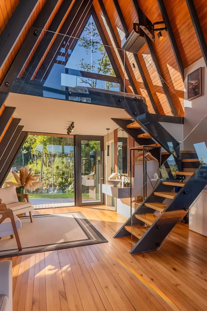 A-frame house interior with steel-framed stairs, wooden steps, floor-to-ceiling windows, minimalist furniture, floating loft, and natural light-filled spaces.