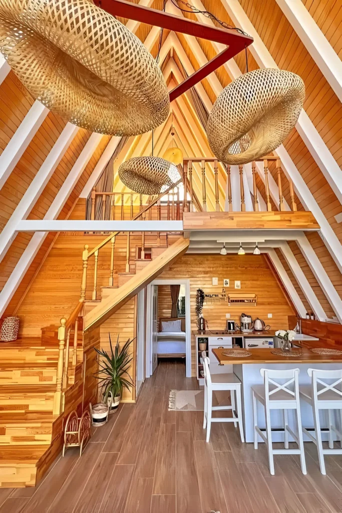 A-frame house interior with natural wood finishes, woven pendant lights, a cozy kitchen, white accents, rustic railings, and bohemian decor.