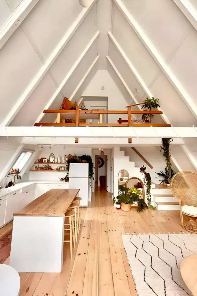 Scandinavian A-frame interior with white walls, warm wood accents, loft, and open-concept kitchen with greenery.