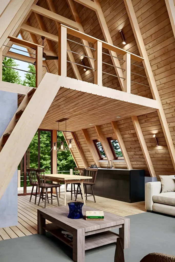 Rustic A-frame interior with wooden beams, open loft, natural light, black kitchen cabinetry, and cozy seating area.