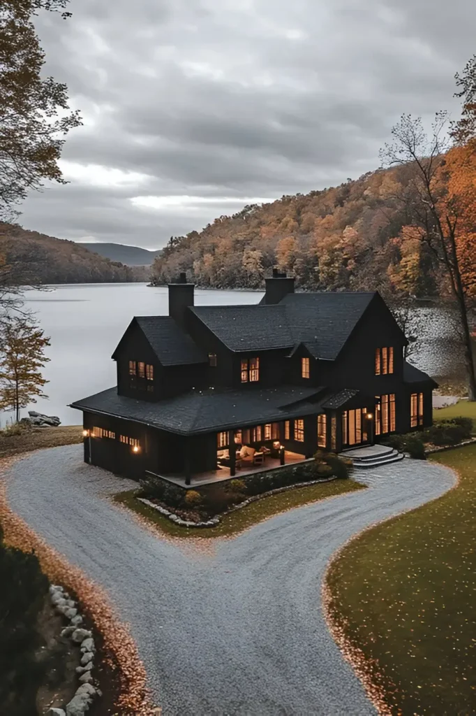 Black farmhouse with a matte finish beside a lake, surrounded by autumn trees and a gravel driveway. Warm lighting glows from the windows, creating a cozy and elegant atmosphere.