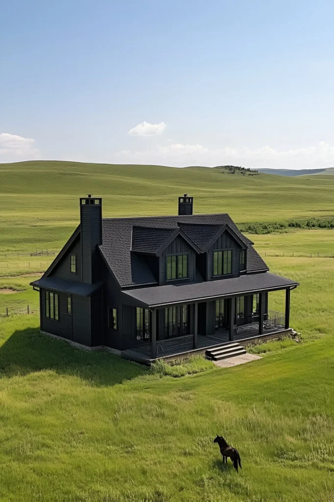 Black farmhouse with a wraparound porch, nestled in vast green fields under a bright blue sky, showcasing modern design in a serene rural landscape.