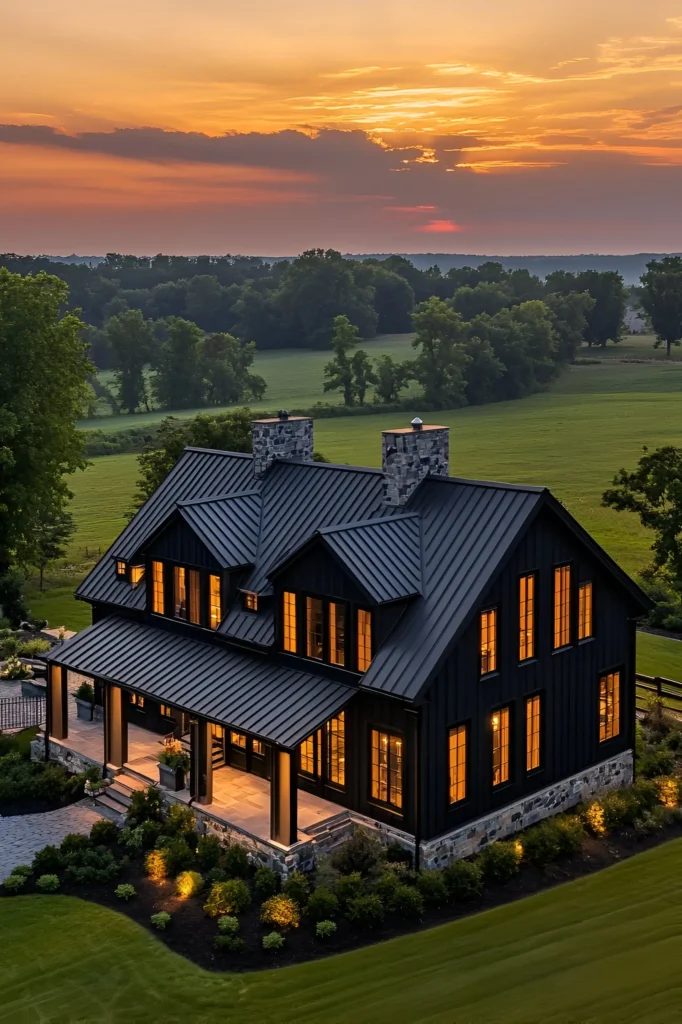 Black farmhouse with a metal roof and stone chimneys at sunset, surrounded by lush greenery and glowing windows, emphasizing modern elegance in a rural setting.