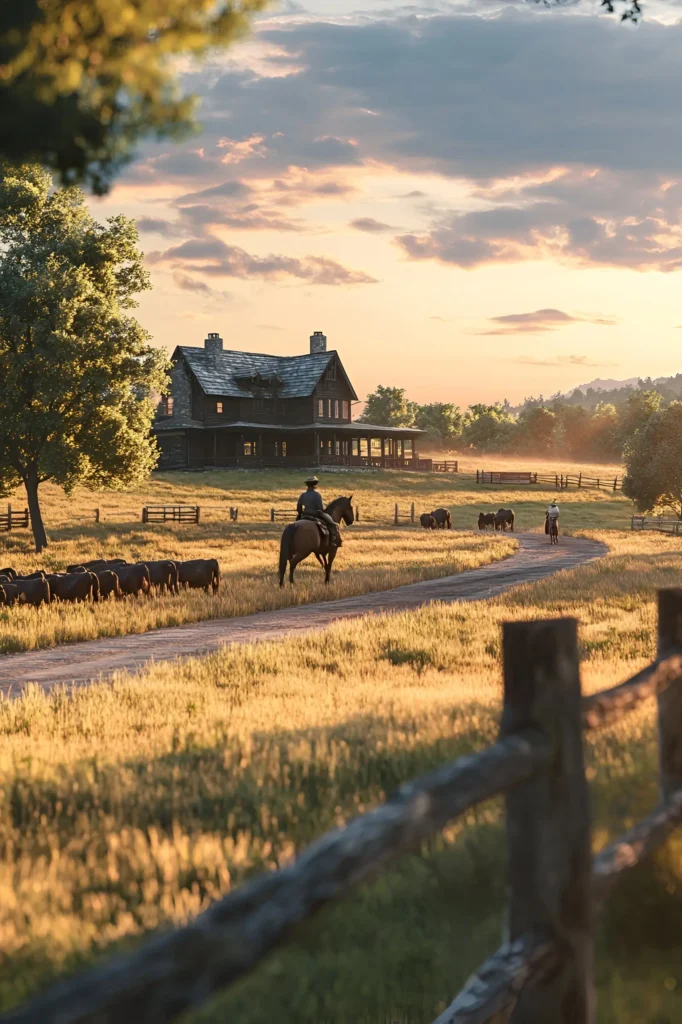 Black farmhouse on a golden prairie at sunset, featuring a horse rider herding cattle and a scenic country road, highlighting rustic ranch-style elegance.