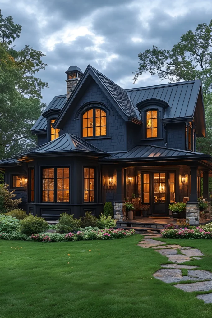 Gothic-style black farmhouse with arched windows, intricate rooflines, warm interior lighting, and a lush garden pathway leading to a porch with stone pillars and cozy decor.