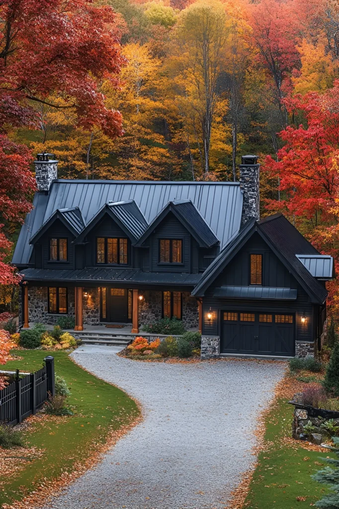 Black farmhouse with stone accents and a sleek metal roof, nestled among colorful autumn trees with a gravel driveway leading to the house.