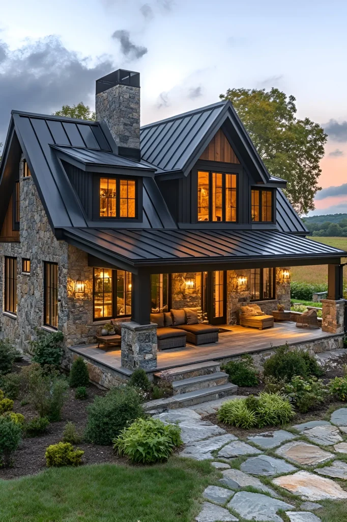 Farmhouse with stone walls, a black metal roof, and warm interior lighting, featuring a covered porch with cozy seating and a stone pathway leading through a landscaped garden.