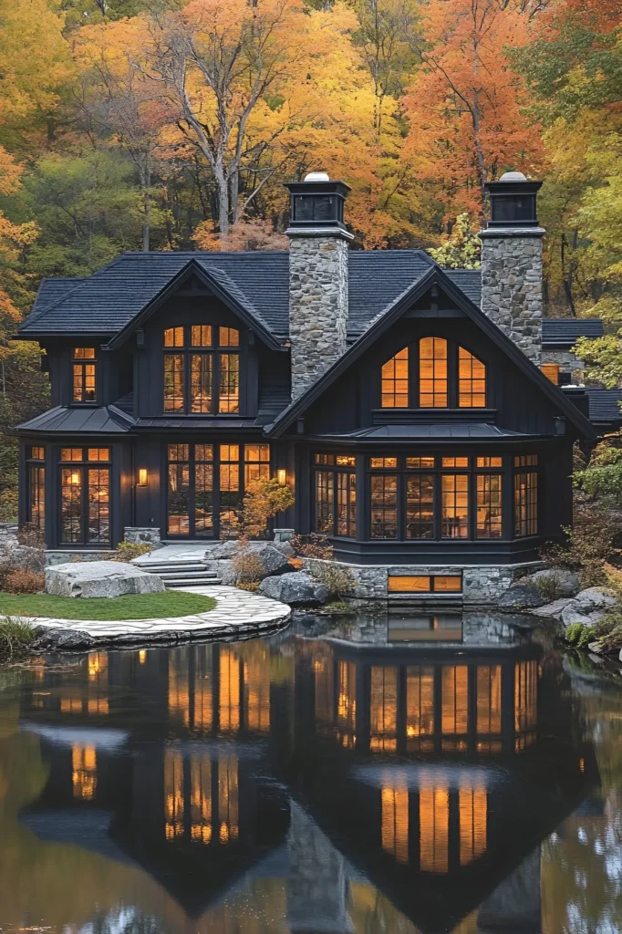 Black farmhouse with stone chimneys and large windows reflecting on a serene lake, surrounded by colorful autumn trees and a natural stone pathway.