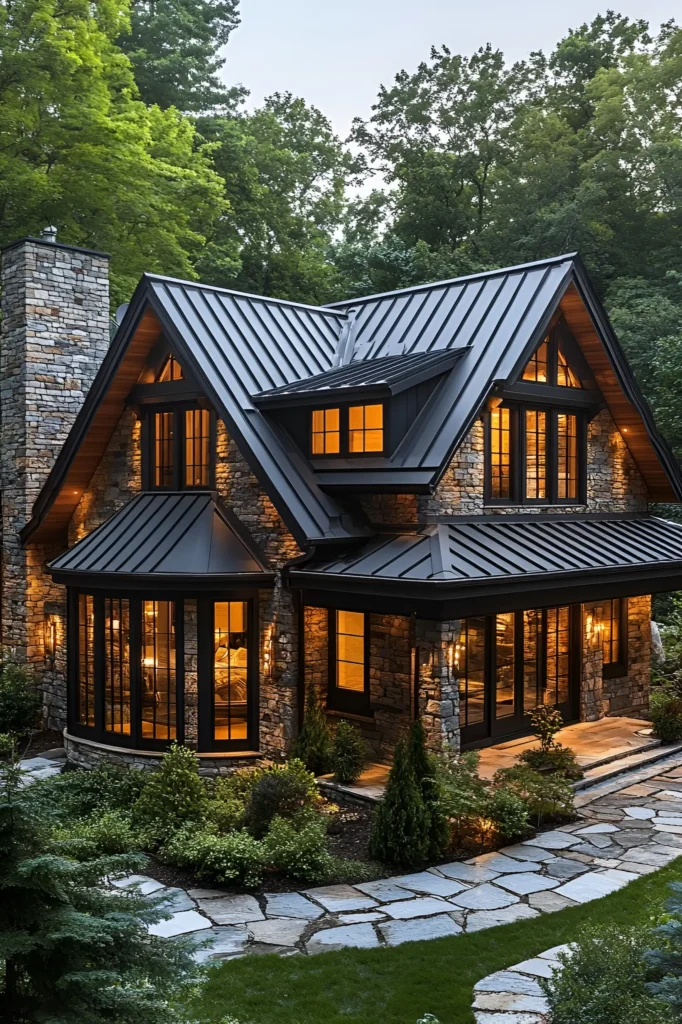 Stone farmhouse with a black metal roof, bay windows, and warm lighting, surrounded by a stone pathway and lush green landscaping in a woodland setting.