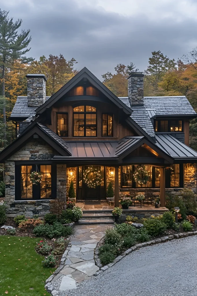 Stone farmhouse with black accents, arched windows, and festive holiday decorations, featuring a glowing porch, wreaths, and a stone pathway surrounded by greenery.