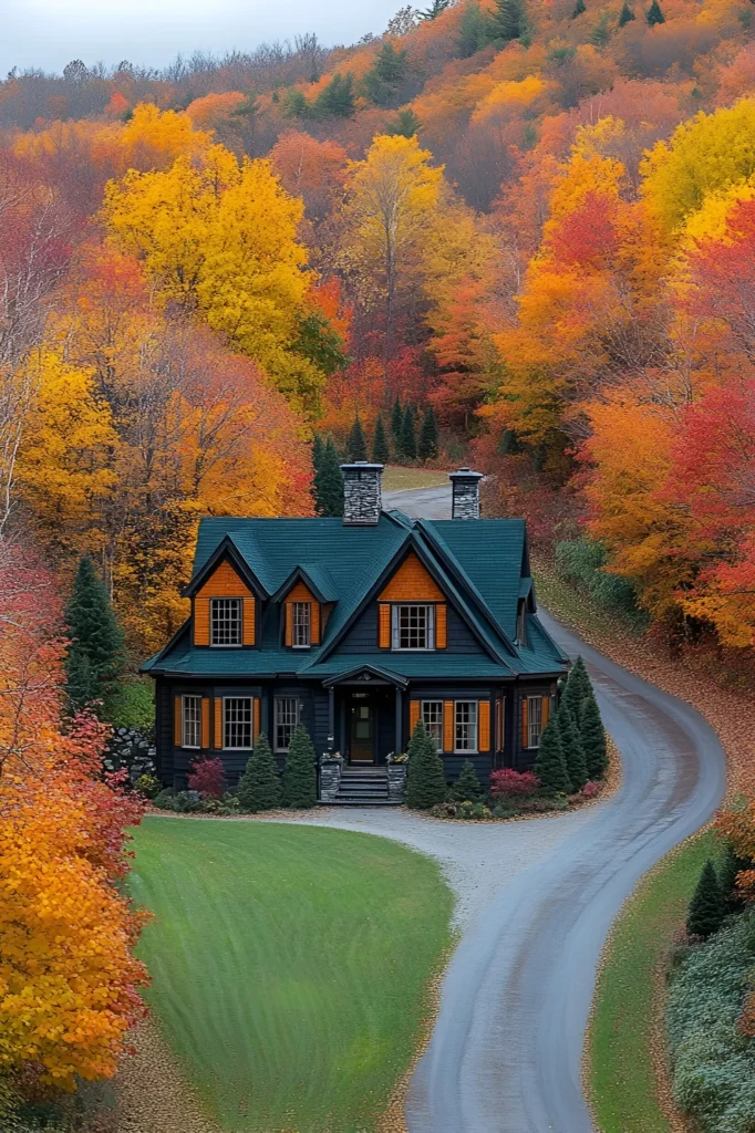 Black farmhouse with wood accents surrounded by colorful autumn trees, a winding gravel driveway, and manicured greenery, creating a picturesque countryside retreat.