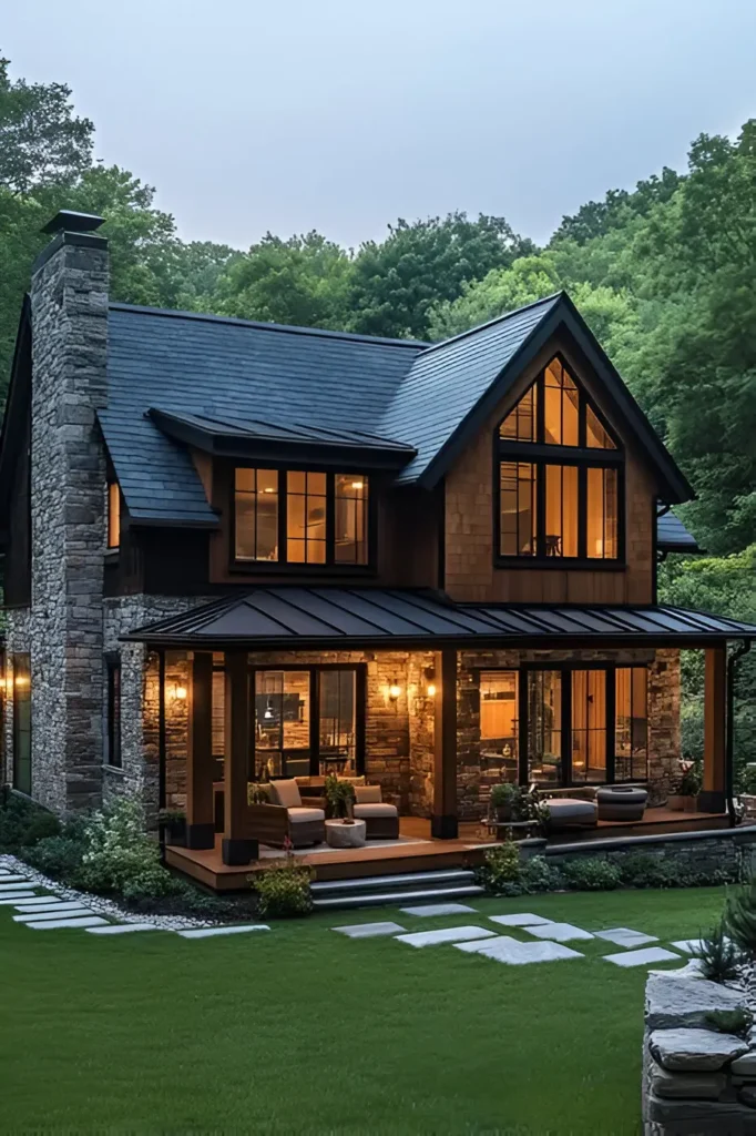  Black farmhouse with stone accents, a wraparound porch, and warm interior lighting, surrounded by manicured greenery and a stone pathway in a peaceful rural setting.