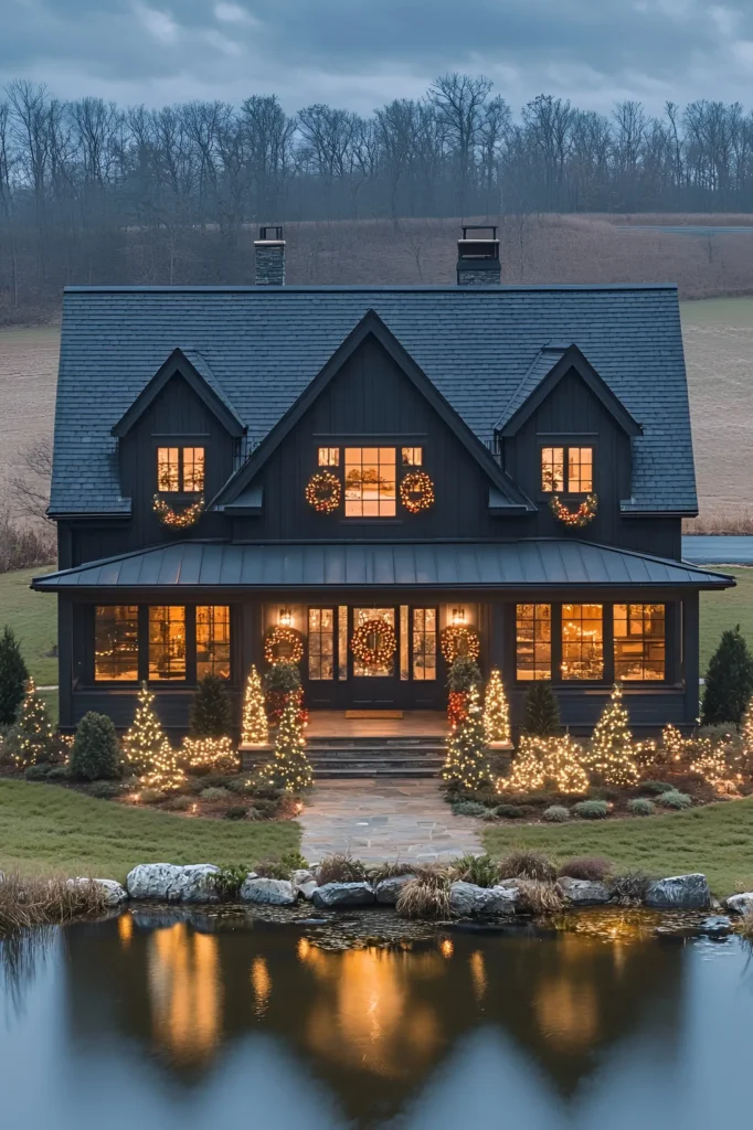 Black farmhouse with festive holiday decorations, glowing wreaths, and lights, reflected in a calm pond, surrounded by a peaceful countryside setting.