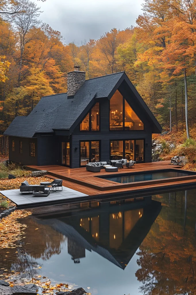 A-frame black farmhouse with large glass windows, a wooden deck, and a pool, surrounded by autumn trees and reflected in a calm pond.