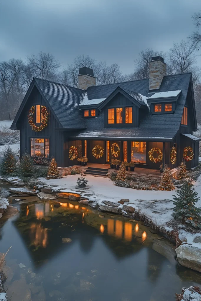 Black farmhouse decorated with glowing wreaths and festive lights, surrounded by snow and a reflecting pond, creating a serene winter wonderland atmosphere.