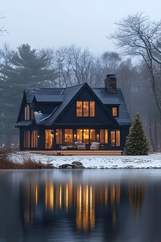 Black farmhouse by a frozen lake, glowing with warm interior lights and a decorated Christmas tree, surrounded by snow and serene winter scenery.