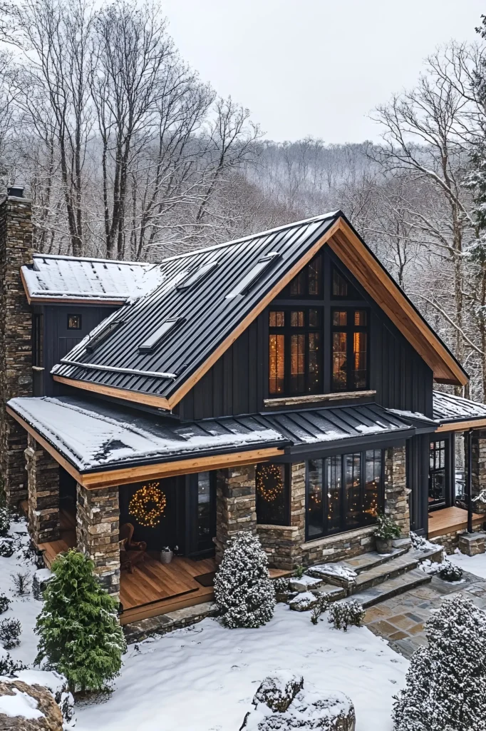 Black farmhouse with stone pillars, skylights, and festive holiday decor, set in a snowy forest landscape with warm glowing windows.

26 Unique Black Exterior Farmhouses for Every Style Enthusiast