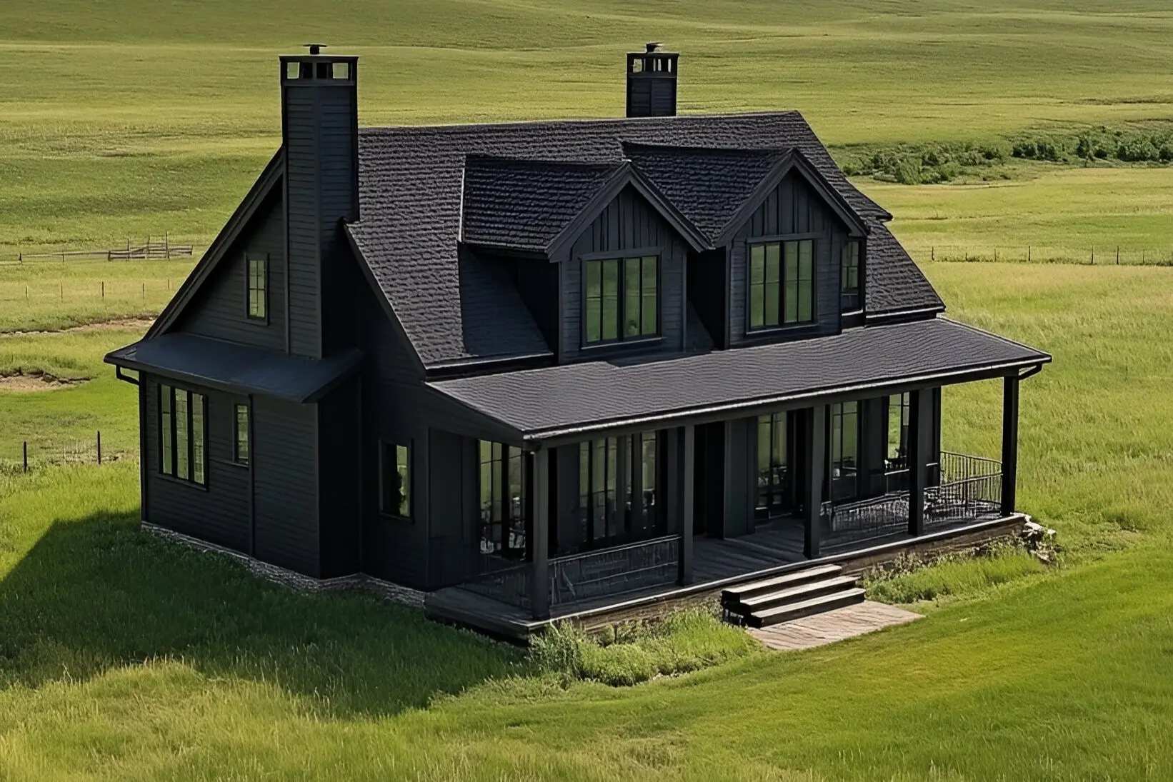 Black farmhouse with a wraparound porch and large windows, situated in a lush green meadow with open skies.