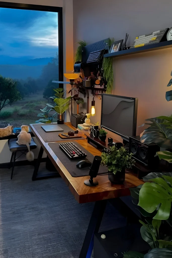 Nature-inspired desk workspace with wooden desk, greenery, scenic window view, mounted pegboard, and ambient lighting.