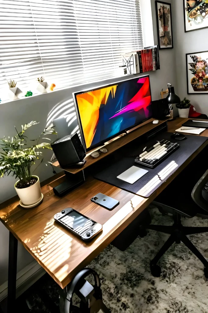 Bright desk workspace with wooden desk, vibrant monitor display, plants, natural light, and compact shelf for organization.