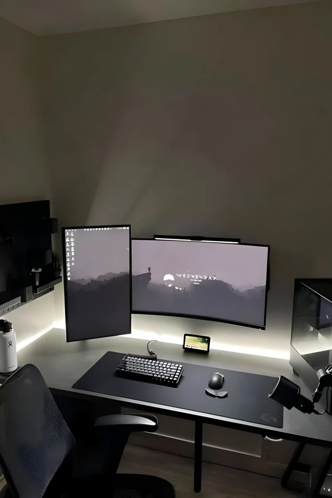 Minimalist dual-monitor desk setup with curved and vertical screens, ambient LED backlighting, black desk mat, and compact keyboard.