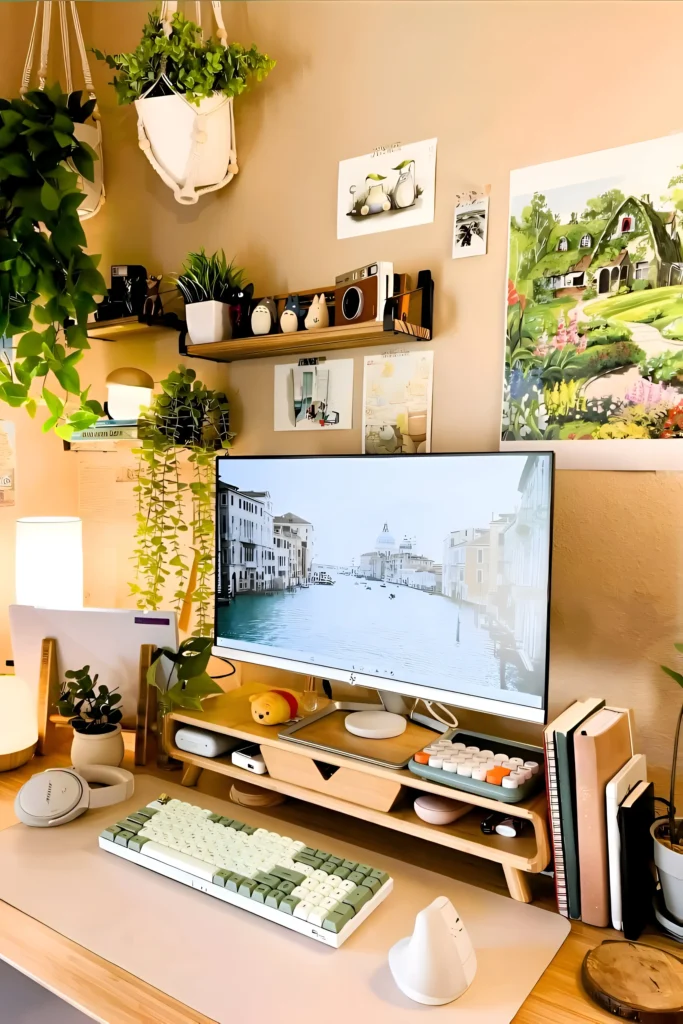 Boho-chic desk workspace with wooden desk, hanging plants, pastel-colored keyboard, decorative shelves, and cozy accents.