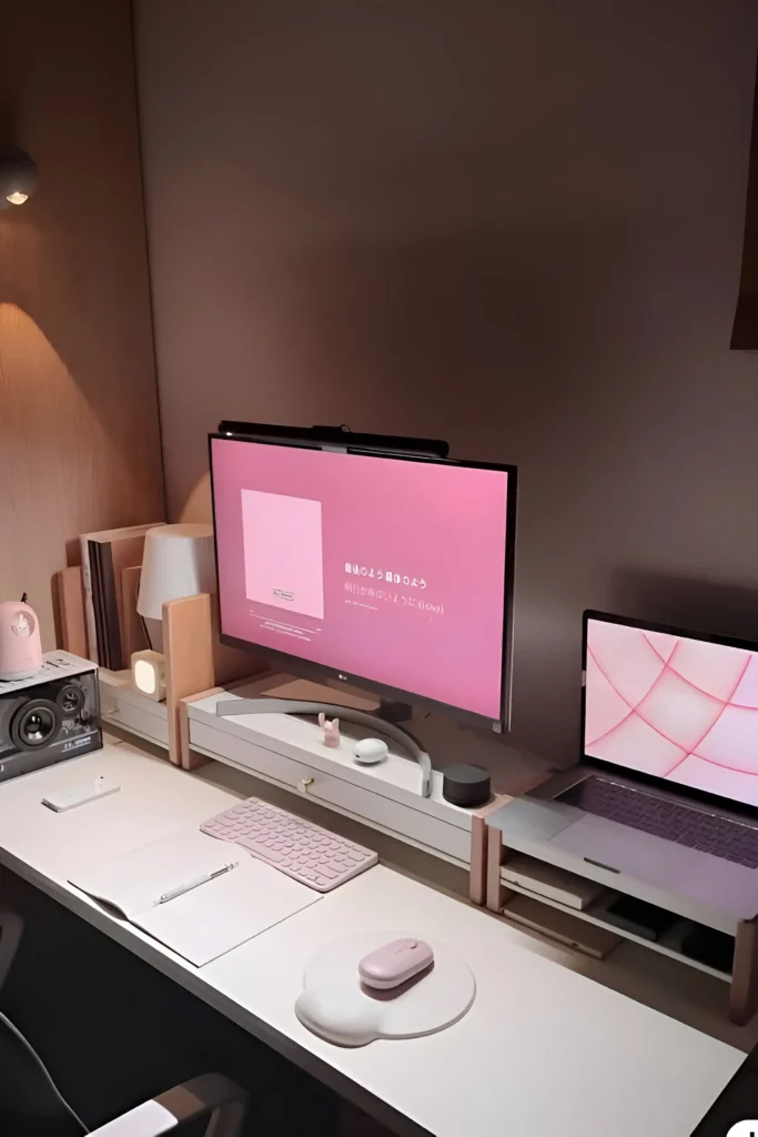 Minimalist desk workspace with white desk, pastel pink accessories, dual monitors, and subtle decor for a serene look.