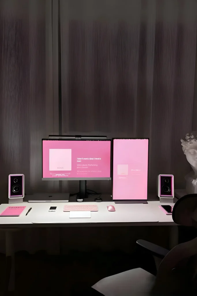 Monochromatic pink workspace with dual monitors, pink accessories, white desk, minimalist speakers, and modern design.