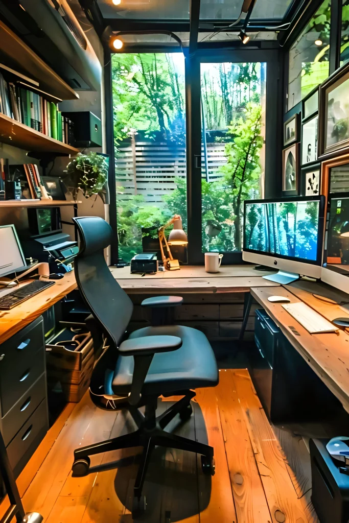 Nature-inspired workspace with wooden desk, ergonomic chair, floor-to-ceiling windows, and lush garden views.