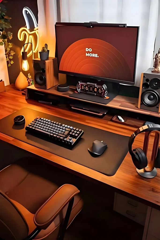 Sleek modern workspace with a wooden desk, retro flip clock, neon light, warm ambient lighting, and ergonomic leather chair.