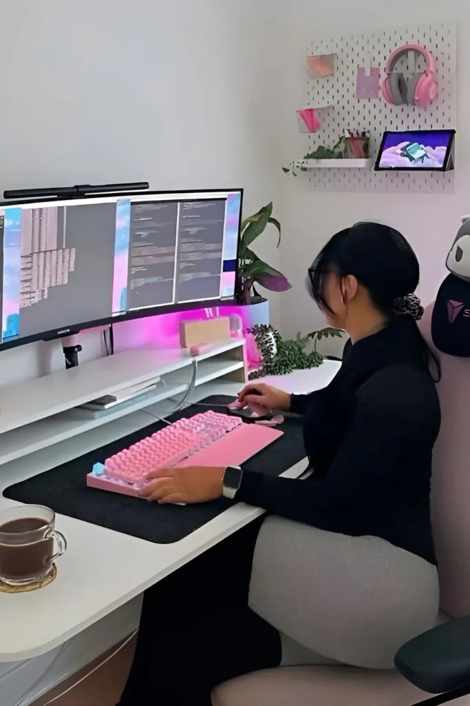 Feminine workspace with pink mechanical keyboard, ultrawide monitor, pegboard for storage, plants, and soft pink LED lighting.