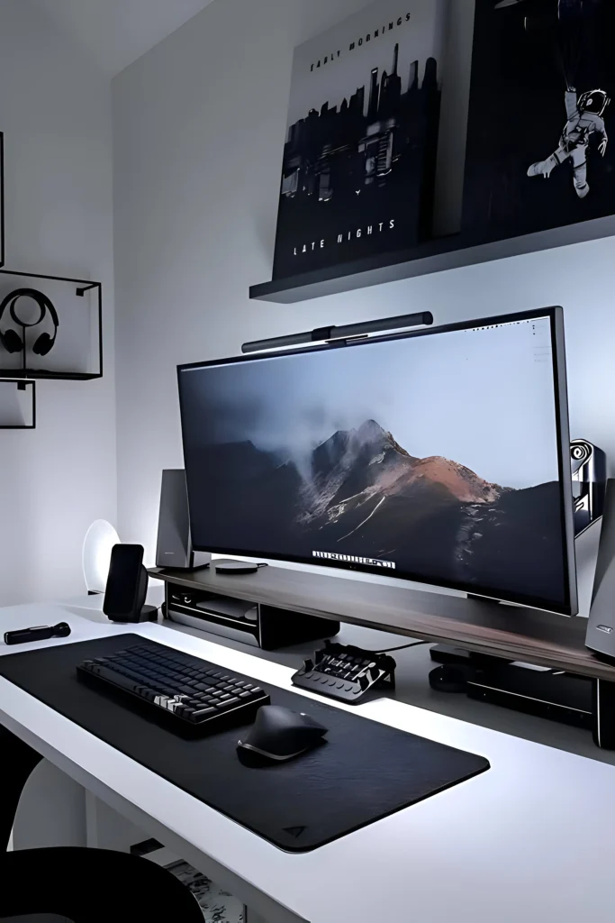 Minimalist monochrome workspace with ultrawide monitor, black desk mat, ergonomic keyboard, and modern decor.