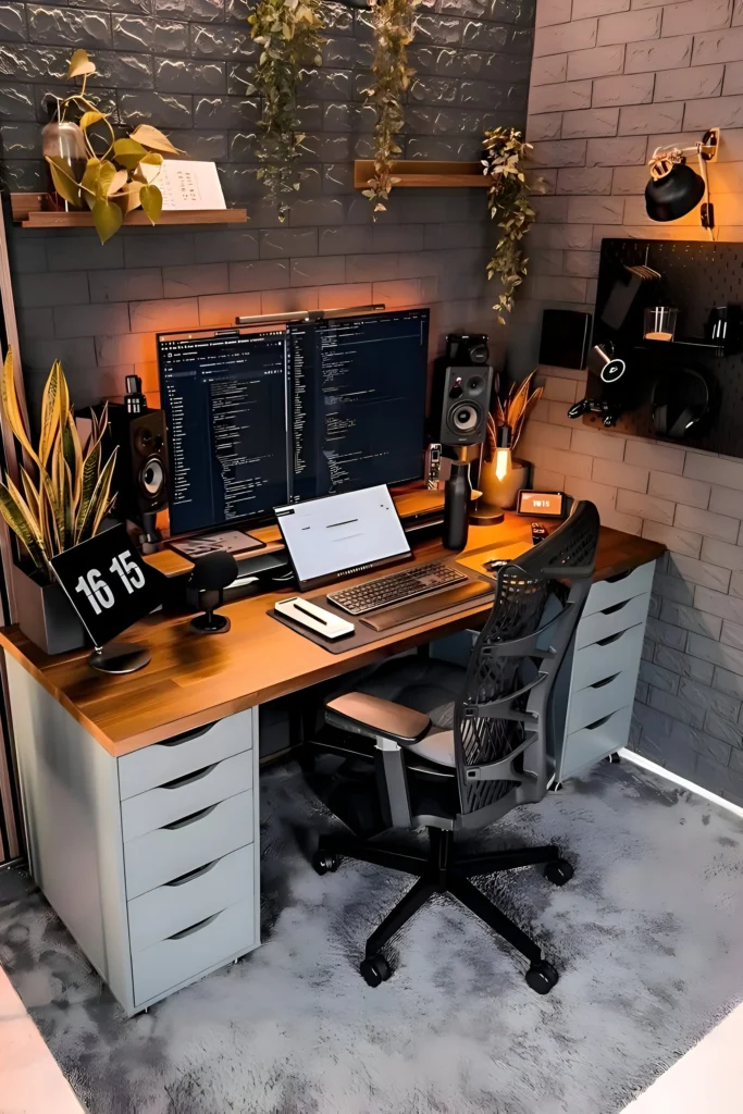 Industrial-style workspace with a wooden desk, gray brick wall, dual monitors, ergonomic chair, and greenery accents.