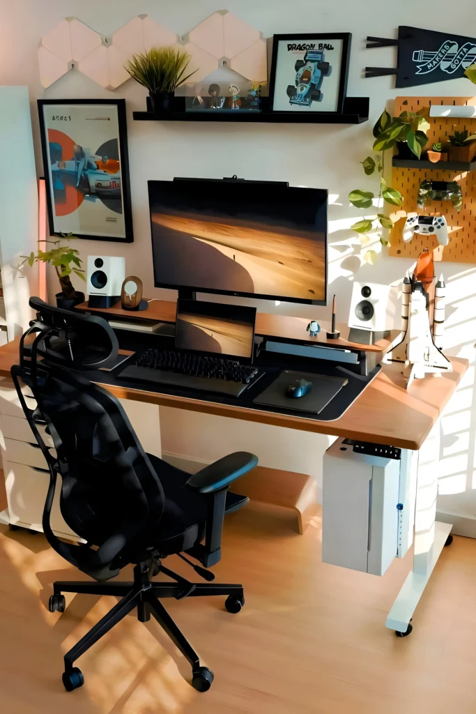 Clean and organized desk setup with dual monitors, ergonomic chair, floating shelves, and creative decor elements.