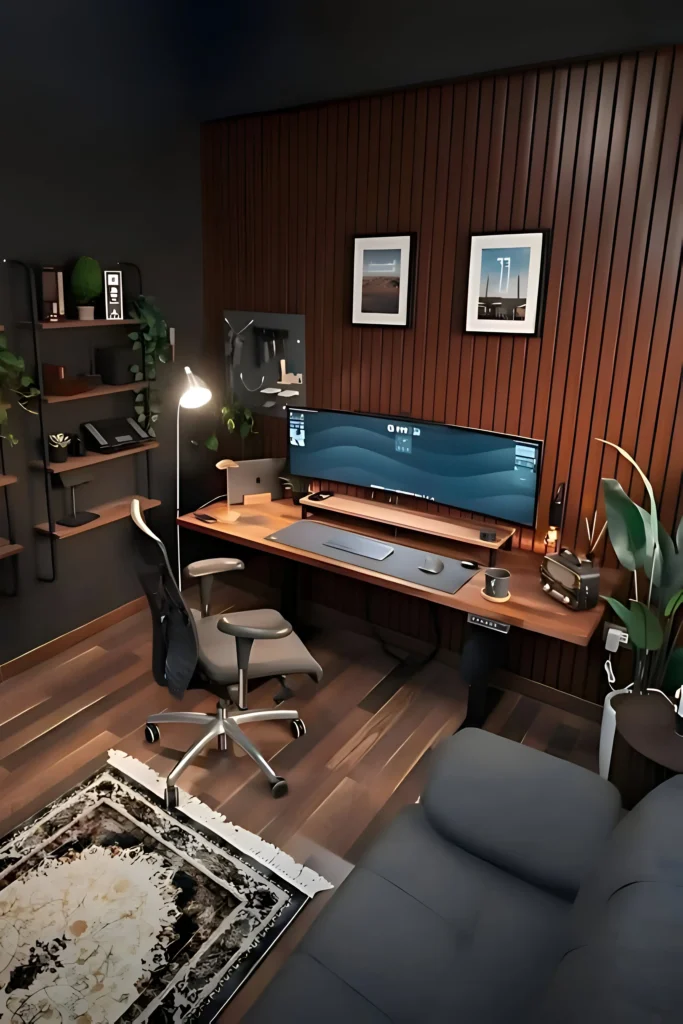 Sophisticated workspace with dark wood paneling, ultrawide monitor, ergonomic chair, cozy lighting, and minimalist decor.