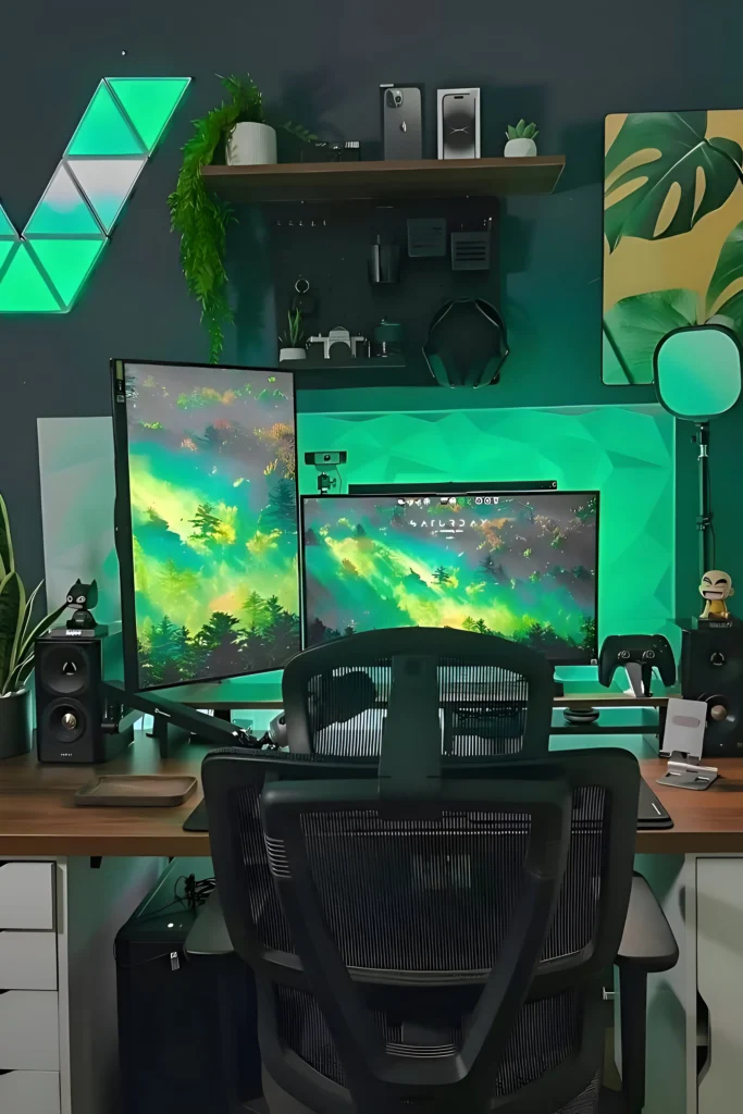 Dual monitor desk setup with green LED wall panels, forest-themed monitors, black office chair, and potted plants.